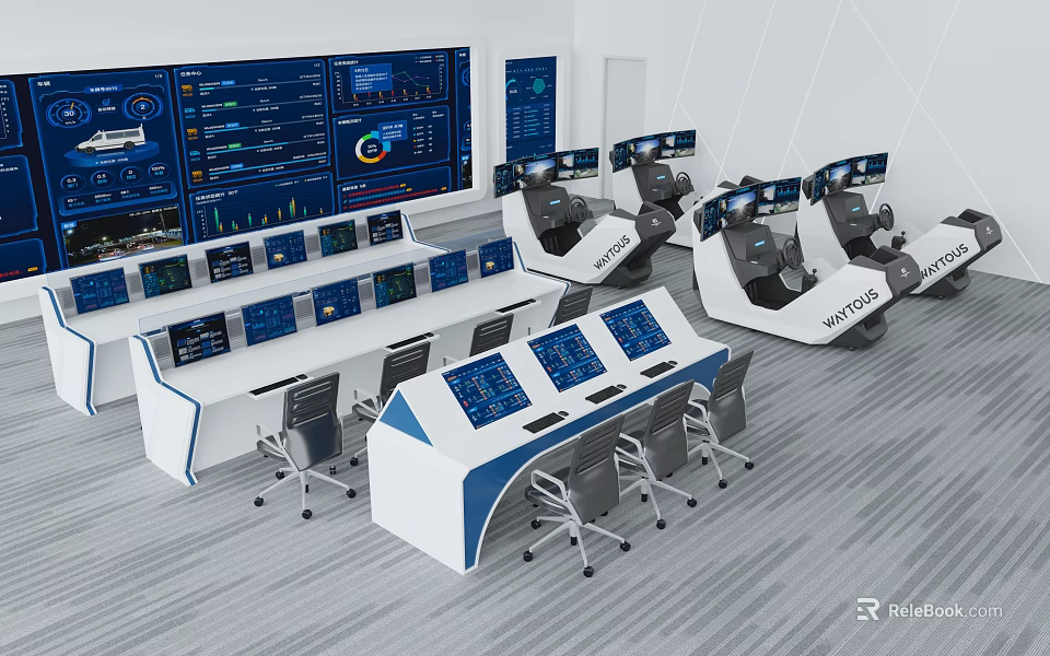 Modern Intelligent Control Room Desk And Chair Combination Equipped With Multiple Digital Display Screens 3d model 