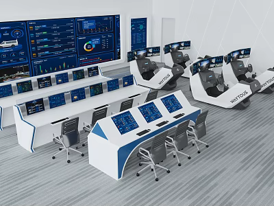 Modern Intelligent Control Room Desk And Chair Combination Equipped With Multiple Digital Display Screens 3d model