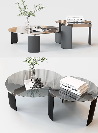 Modern Round Glass Top Coffee Table With Black Metal Legs And Decorative Books Vase 3d model