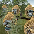 Unique Wooden Treehouse With Bamboo Structure Set In Lush Forest Featuring Balconies And Large Windows