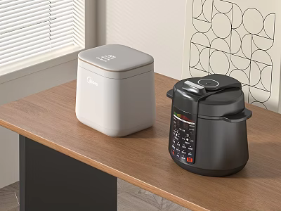 White Rice Cooker And Black Electric Pressure Cooker On Wooden Kitchen Counter With Geometric Wallpaper 3d model