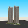 Two Modern Skyscrapers With Glass Facades Against Blue Sky And Greenery