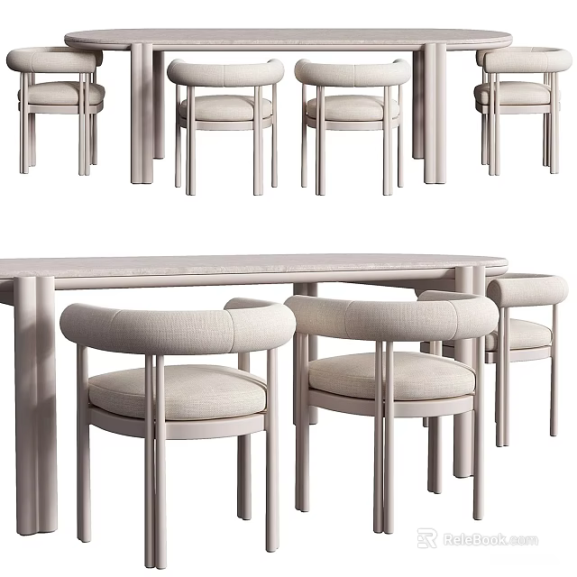 Minimalist Modern Cream White Dining Table Set With Soft Comfortable Upholstered Fabric Dining Chairs 3d model 