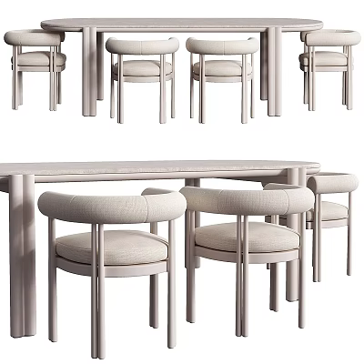 Minimalist Modern Cream White Dining Table Set With Soft Comfortable Upholstered Fabric Dining Chairs 3d model