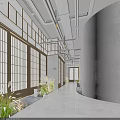 Traditional Japanese Teahouse Corridor With Lattice Wall Lighting Stone Tile Floor And Plant Decor