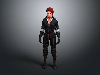 Red Haired Fantasy Game Movie Character In Black Outfit With Leather Details Gloves And Boots 3d model