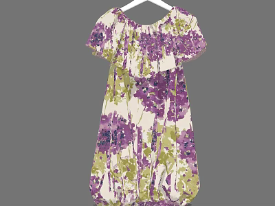 Cream Colored Loose Fitting Short Sleeved Dress With Purple Green Floral Patterns 3d model
