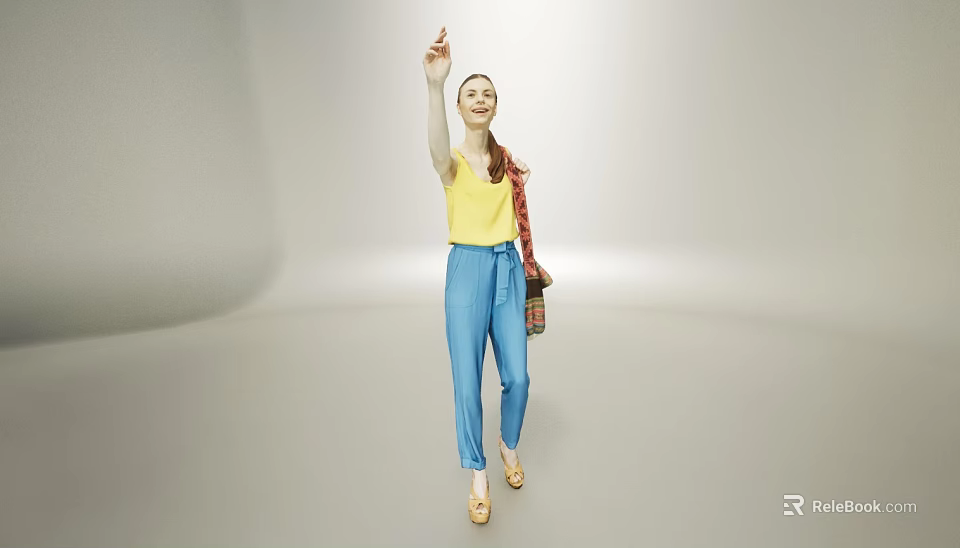 Woman Waving In Yellow Top And Blue Pants Holding A Bag On Light Background 3d model 