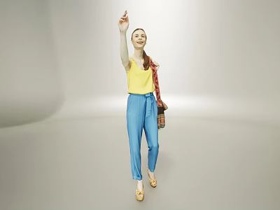 Woman Waving In Yellow Top And Blue Pants Holding A Bag On Light Background 3d model
