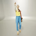 Woman Waving In Yellow Top And Blue Pants Holding A Bag On Light Background
