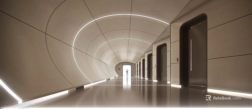 Modern Office Corridor With Curved Ceiling White Lighting Sleek Floor And Side Doors 3d model 