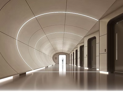 Modern Office Corridor With Curved Ceiling White Lighting Sleek Floor And Side Doors 3d model