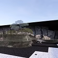 Modern Garden Landscape With Grey Marble Walls Vertical Waterfall Columns Reflective Pool And Pine Tree