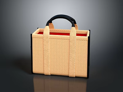 Beige Woven Handbag With Black Handle And Red Interior For Daily Use 3d model