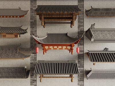 Chinese-style Eaves Tile Building Roof Door Head model