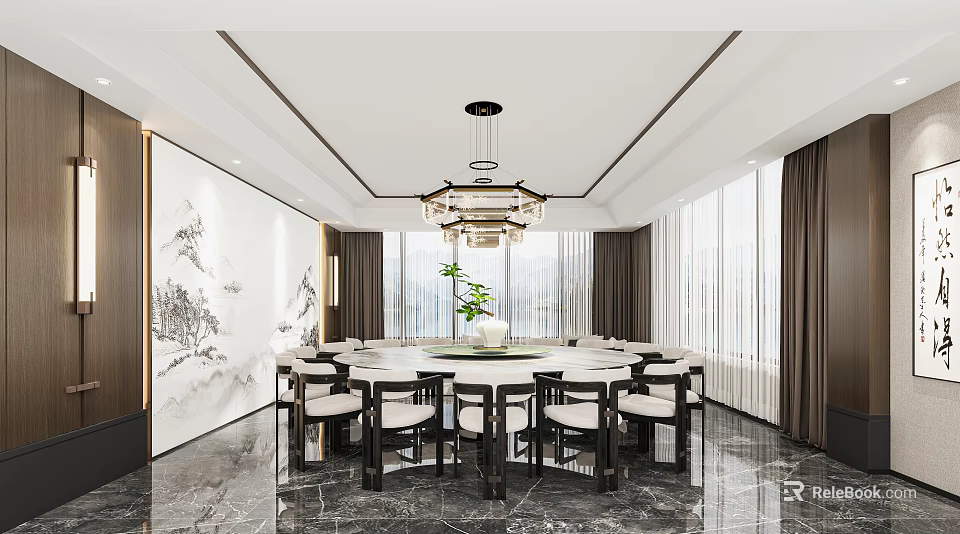 Elegant Private Dining Room Featuring Round Table Chandelier Landscape Painting Large Windows and Marble Floor 3d model 