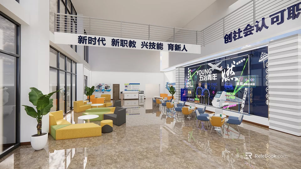 Bright Leisure Area With Yellow Gray Sofas Round Tables Green Plants And Innovation Theme 3d model 