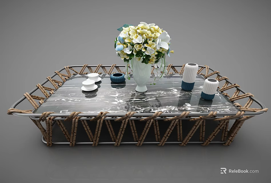 Rattan Frame Coffee Table With Marble Top Flower Vase Tea Cups And Tray 3d model 