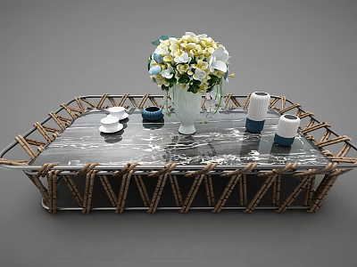 Rattan Frame Coffee Table With Marble Top Flower Vase Tea Cups And Tray 3d model