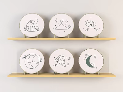 Decorative Plates Featuring Cupcake Geometric Eye Globe Pizza Moon Designs On Wooden Shelves 3d model