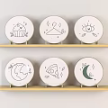 Decorative Plates Featuring Cupcake Geometric Eye Globe Pizza Moon Designs On Wooden Shelves