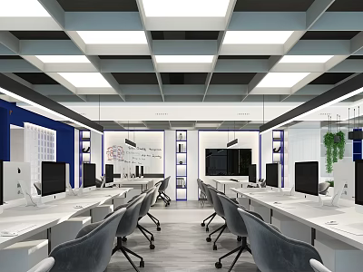 Modern Public Office Space With Open Layout Desks Computers Ergonomic Chairs And Ceiling Lighting 3d model