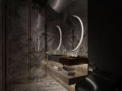 Luxurious Hotel Bathroom Interior With Marble Walls Circular Backlit Mirrors Vanity And Towels 3d model