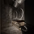 Luxurious Hotel Bathroom Interior With Marble Walls Circular Backlit Mirrors Vanity And Towels