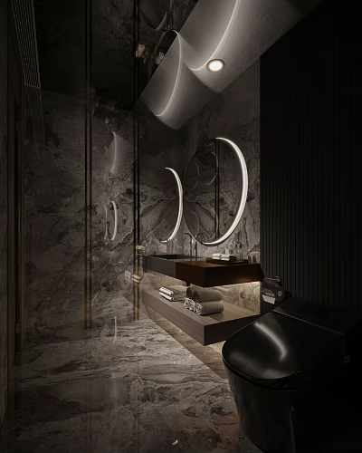 Luxurious Hotel Bathroom Interior With Marble Walls Circular Backlit Mirrors Vanity And Towels 3d model