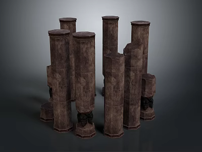 Ancient Architectural Stone Column Components with Various Heights Intricate Carvings and Textured Surfaces 3d model