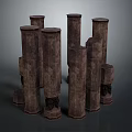 Ancient Architectural Stone Column Components with Various Heights Intricate Carvings and Textured Surfaces