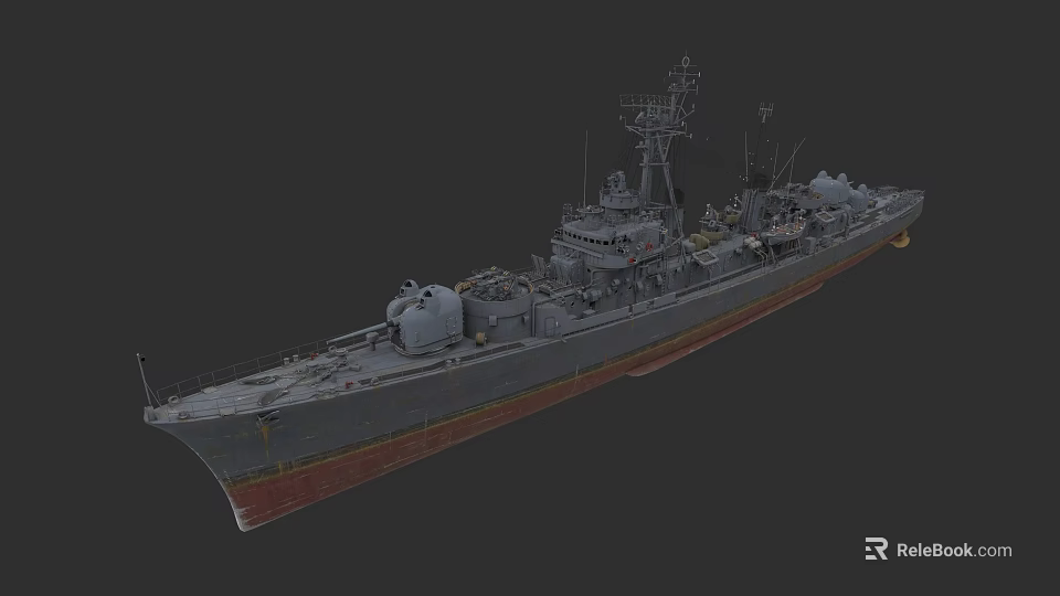 Gray Warship With Red Bottom Featuring Superstructure Radar Systems And Antennas 3d model