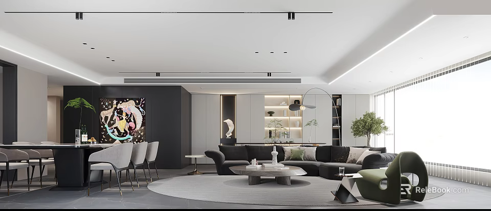 Modern Living and Dining Room Interior with Sofa Dining Table Chairs Artwork and Pendant Lighting 3d model 