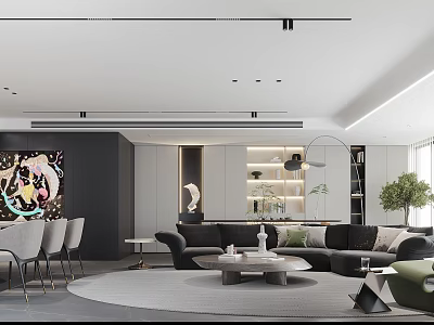 Modern Living and Dining Room Interior with Sofa Dining Table Chairs Artwork and Pendant Lighting 3d model