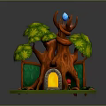 Cartoon Treehouse Building Featuring Tree Trunk Structure Green Leaves Red Antler Decor And Blue Orb