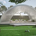White Arched Architectural Structure with Slatted Design and Outdoor Tables Chairs Under Greenery Sky 3d model