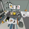 Modern Living Room Two-Seater Sofa With Pillows Coffee Table Rug And Decorative Paintings