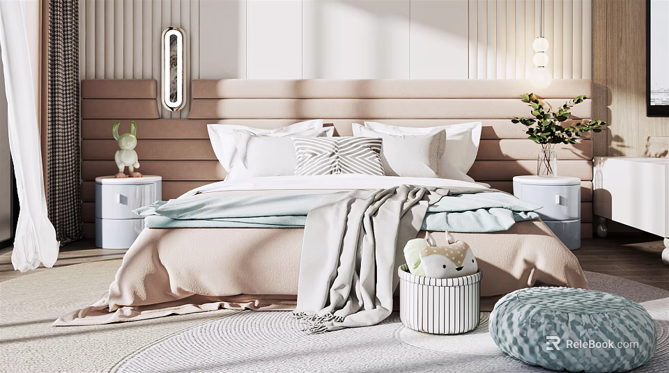 Modern Cozy Bedroom Interior With Soft Headboard Pillows Throw Blanket Nightstands And Plants 3d model 