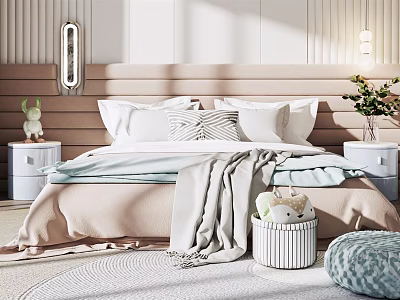 Modern Cozy Bedroom Interior With Soft Headboard Pillows Throw Blanket Nightstands And Plants 3d model