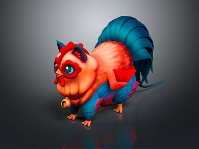Vibrant Game and Movie Character With Cat Like Face Rooster Comb Blue Feathered Tail 3d model