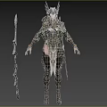 Woman In Green Armor With Horned Headdress And Spear Standing Pose
