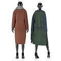 Model Showcasing Long Brown Wool Coat And Green Patchwork Winter Outerwear 3d model