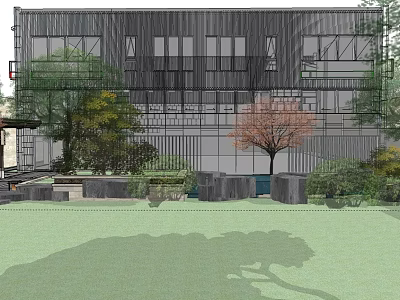 Courtyard Garden Design With Modern Building Lawn Trees Stone Elements And Green Plants 3d model