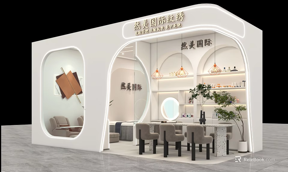Beauty Hairdressing Embroidery Service Booth With Modern Mirror Comfortable Chairs Green Plants And Beauty Products 3d model 