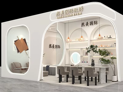 Beauty Hairdressing Embroidery Service Booth With Modern Mirror Comfortable Chairs Green Plants And Beauty Products 3d model