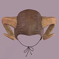 Handcrafted Brown Leather Hat with Ram Horns and Tie String Design 3d model