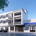 Modern White Multi Story Building With Balconies Large Windows Blue Awning And Black Car