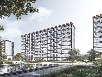 Modern High Rise Apartment Buildings With Landscaped Garden And Water Feature 3d model