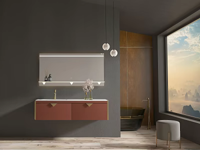Red Bathroom Vanity with Backlit Mirror Hanging Lights Gray Wall and Large Window Scenic View 3d model