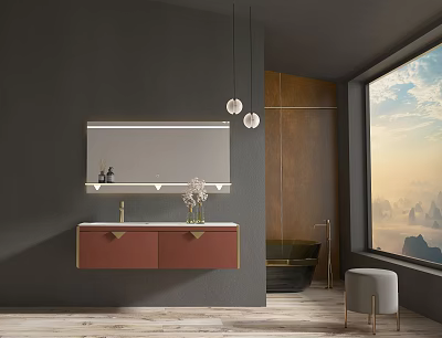 Red Bathroom Vanity with Backlit Mirror Hanging Lights Gray Wall and Large Window Scenic View 3d model